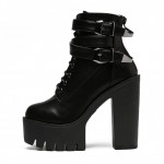 Black Lace Up Platforms Punk Rock Chunky Block High Heels Boots Shoes
